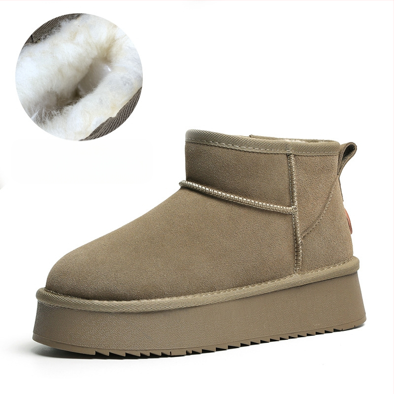 Naiste villased talvesaapad, fliisvoodriga, ehtsast nahast, paksu tallaga, lühikesed, libisemiskindlad, kõrgust suurendavad, soojad puuvillased saapad ja kingad