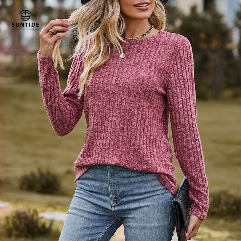 Europski i američki Amazon Jesenski i zimski novi okrugli izrez Brusna jama Jednobojni široki džemper Ležeran top Majica dugih rukava Žene