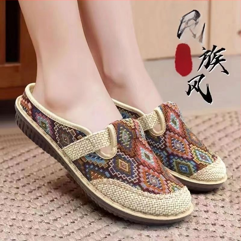Užsienio prekyba, nauji vasaros etninio stiliaus seni Pekino medžiaginiai batai, kvėpuojantys, moteriški lininiai, nacionalinio stiliaus, pusiau vilkimo, hanfu batai.