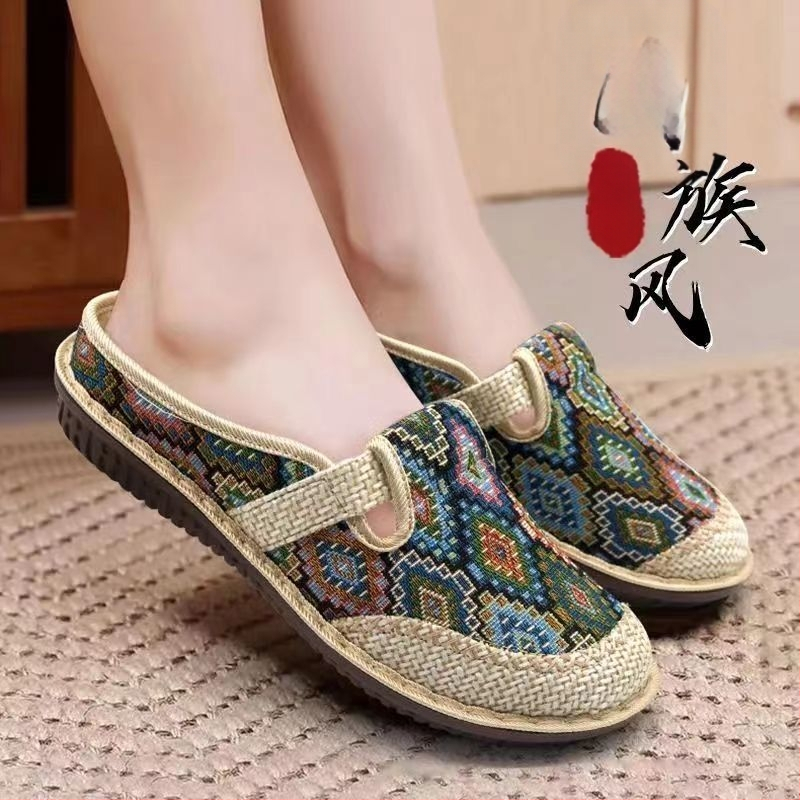 Užsienio prekyba, nauji vasaros etninio stiliaus seni Pekino medžiaginiai batai, kvėpuojantys, moteriški lininiai, nacionalinio stiliaus, pusiau vilkimo, hanfu batai.