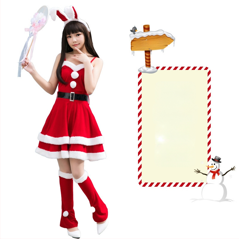 Seksikad valged kohevad jõuluriided laos Jõulukostüüm Kuldse sametkangast jänkutüdruku kostüüm Lavaesinemine