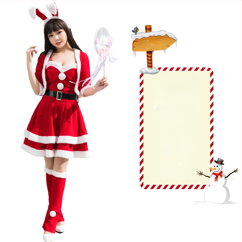 Seksikad valged kohevad jõuluriided laos Jõulukostüüm Kuldse sametkangast jänkutüdruku kostüüm Lavaesinemine