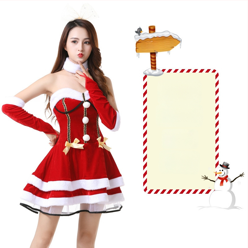 Seksikad valged kohevad jõuluriided laos Jõulukostüüm Kuldse sametkangast jänkutüdruku kostüüm Lavaesinemine