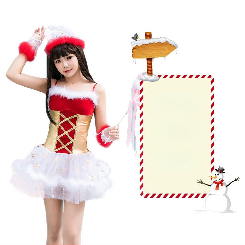 Seksikad valged kohevad jõuluriided laos Jõulukostüüm Kuldse sametkangast jänkutüdruku kostüüm Lavaesinemine