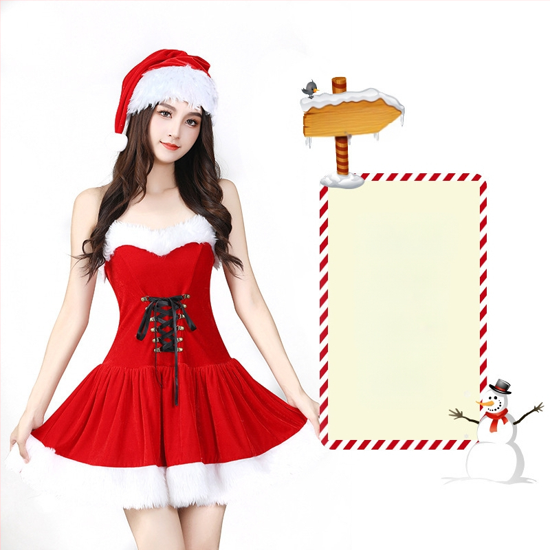 Seksikad valged kohevad jõuluriided laos Jõulukostüüm Kuldse sametkangast jänkutüdruku kostüüm Lavaesinemine