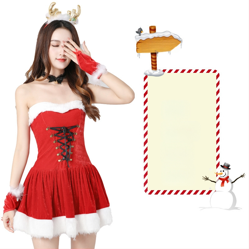 Seksikad valged kohevad jõuluriided laos Jõulukostüüm Kuldse sametkangast jänkutüdruku kostüüm Lavaesinemine