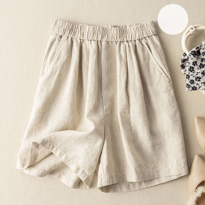 Pantaloni scurți largi cu picior larg pentru femei, stil vintage, din bumbac și in, cu imprimeu artistic, lichidare de vară