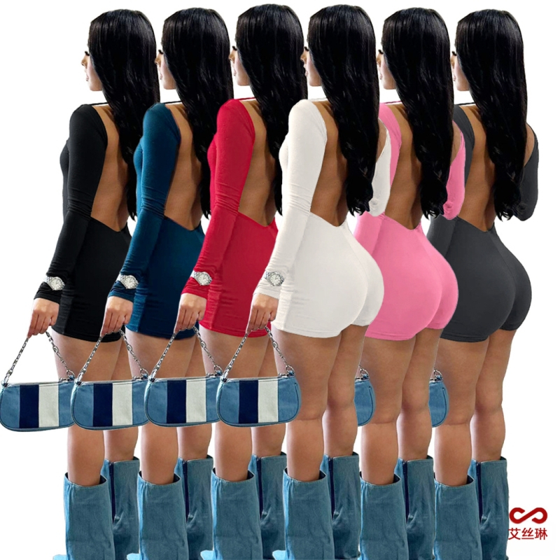 GL6687 Amazon, salopetă transfrontalieră pentru femei europene și americane, sexy, confortabilă, sport, culoare solidă, mânecă lungă, fără spate