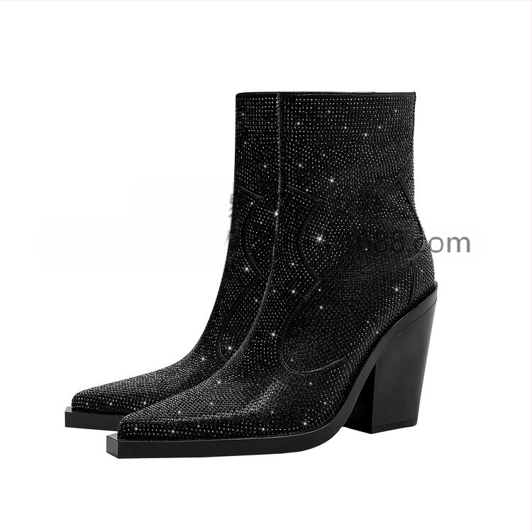 Piiriülesed sõltumatud jaamad moekate catwalk'i paksu kontsaga rhinestones BlingBling lühikesed saapad naiste kingad Denim Cowboy Bo