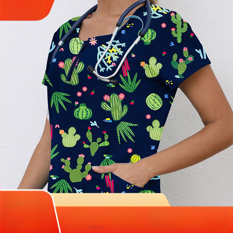 Käsitsipesetavad riided Lühikeste varrukatega trükitud stiilis arstiõe kirurgiline kleit Meeste ja naiste suvine lühikeste varrukatega elastne kiiresti kuivav õe kleit