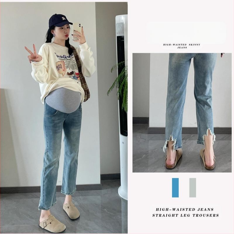 Maži nėščiųjų džinsai 2024 m. pavasariui, naujos mados tiesios nugaros skeltukai, liekninančios, universalios, pilvuką prilaikančios, trumpintos kelnės.