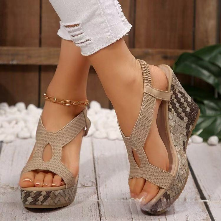 Sandale transfrontaliere pentru primăvară și vară, cu gură de pește, elastice, goale, cu platformă impermeabilă, sandale romane țesute cu talpă groasă pentru femei