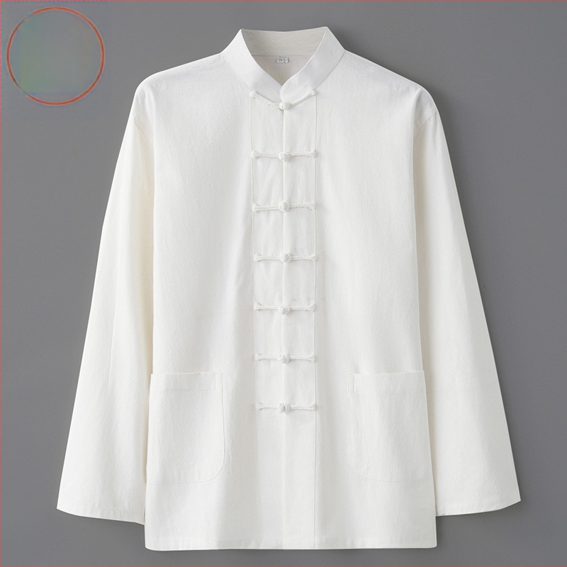 Pavasario ir rudens vyriškas kiniško stiliaus medvilninis ir lininis viršutinis kostiumas, kiniško stiliaus retro marškiniai, su apykakle, sagtimi apačioje.