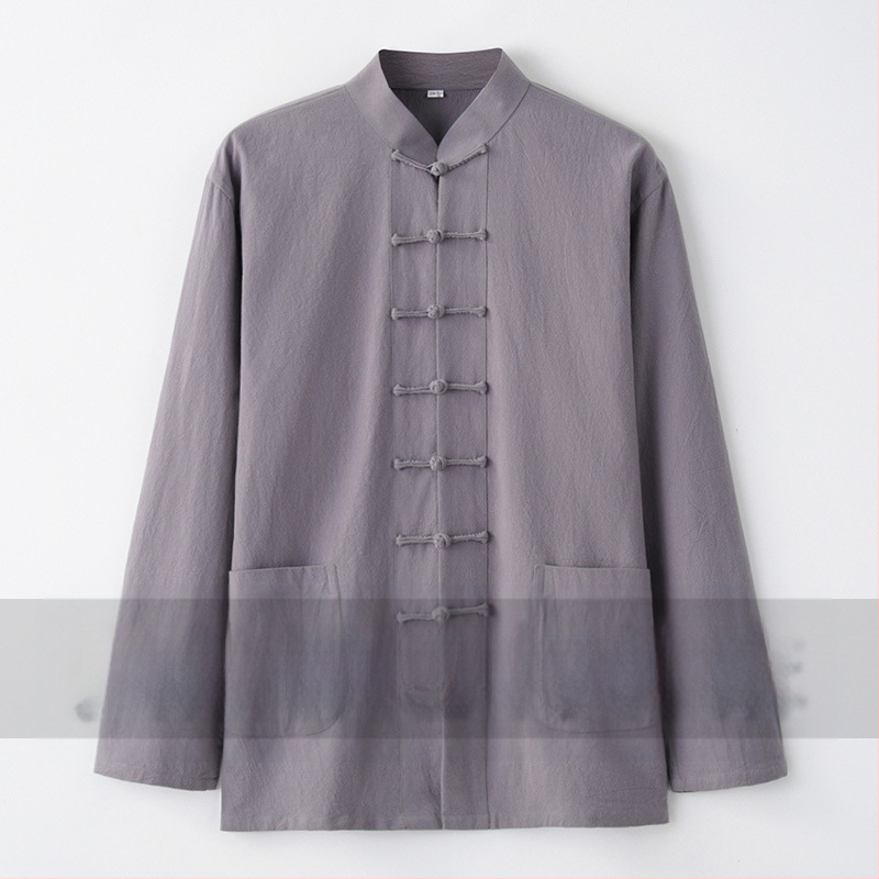 Pavasario ir rudens vyriškas kiniško stiliaus medvilninis ir lininis viršutinis kostiumas, kiniško stiliaus retro marškiniai, su apykakle, sagtimi apačioje.