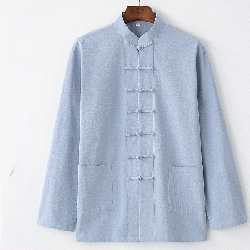 Pavasario ir rudens vyriškas kiniško stiliaus medvilninis ir lininis viršutinis kostiumas, kiniško stiliaus retro marškiniai, su apykakle, sagtimi apačioje.