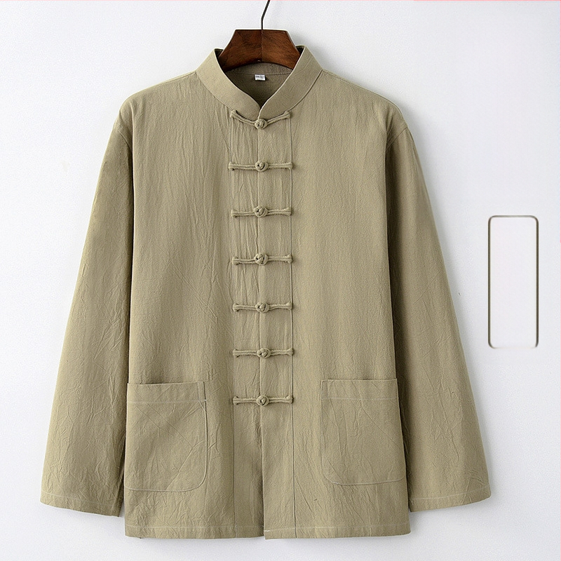 Pavasario ir rudens vyriškas kiniško stiliaus medvilninis ir lininis viršutinis kostiumas, kiniško stiliaus retro marškiniai, su apykakle, sagtimi apačioje.