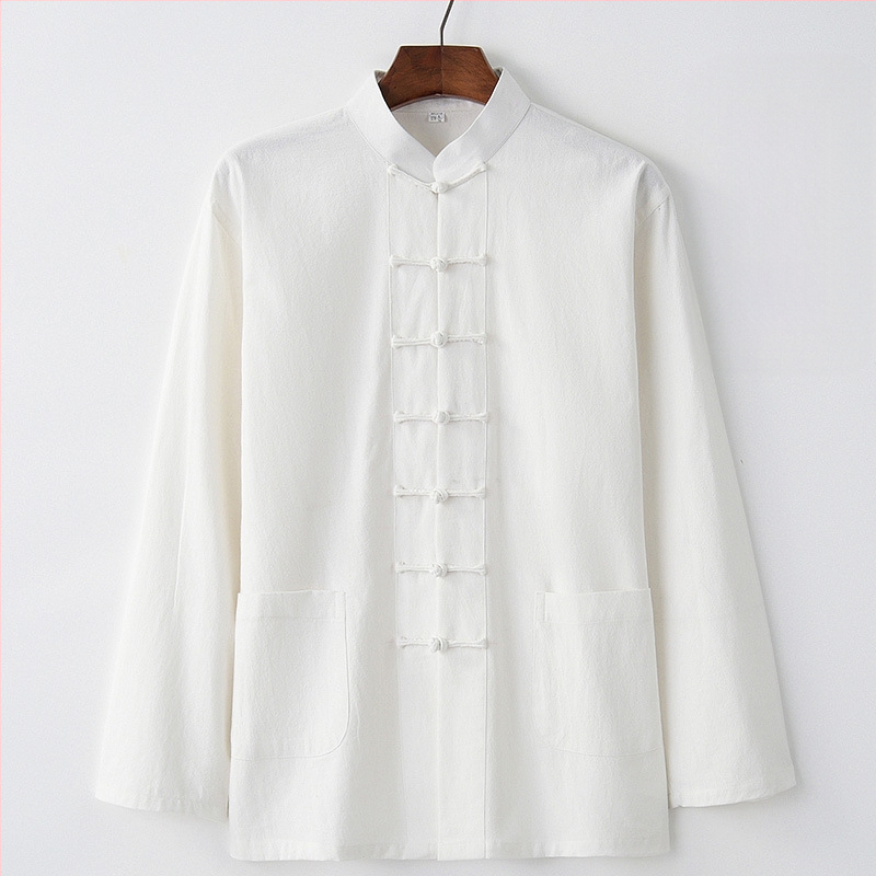 Pavasario ir rudens vyriškas kiniško stiliaus medvilninis ir lininis viršutinis kostiumas, kiniško stiliaus retro marškiniai, su apykakle, sagtimi apačioje.