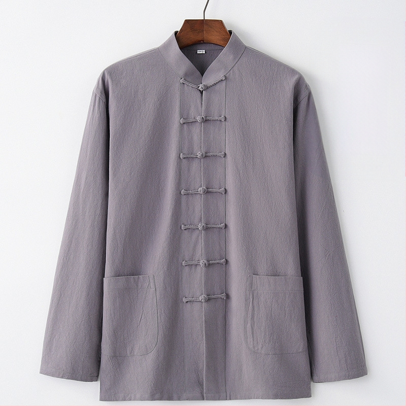 Pavasario ir rudens vyriškas kiniško stiliaus medvilninis ir lininis viršutinis kostiumas, kiniško stiliaus retro marškiniai, su apykakle, sagtimi apačioje.