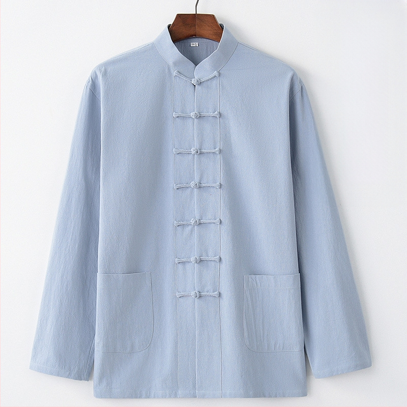 Pavasario ir rudens vyriškas kiniško stiliaus medvilninis ir lininis viršutinis kostiumas, kiniško stiliaus retro marškiniai, su apykakle, sagtimi apačioje.