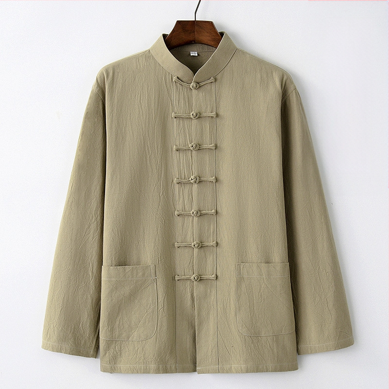 Pavasario ir rudens vyriškas kiniško stiliaus medvilninis ir lininis viršutinis kostiumas, kiniško stiliaus retro marškiniai, su apykakle, sagtimi apačioje.