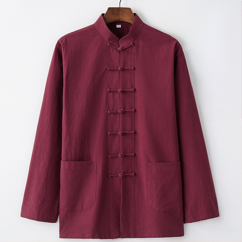 Pavasario ir rudens vyriškas kiniško stiliaus medvilninis ir lininis viršutinis kostiumas, kiniško stiliaus retro marškiniai, su apykakle, sagtimi apačioje.