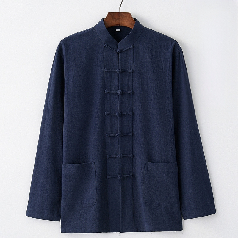 Pavasario ir rudens vyriškas kiniško stiliaus medvilninis ir lininis viršutinis kostiumas, kiniško stiliaus retro marškiniai, su apykakle, sagtimi apačioje.