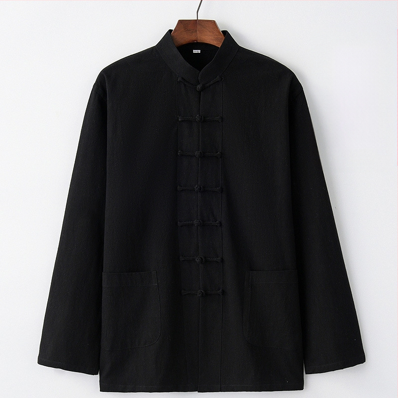 Pavasario ir rudens vyriškas kiniško stiliaus medvilninis ir lininis viršutinis kostiumas, kiniško stiliaus retro marškiniai, su apykakle, sagtimi apačioje.