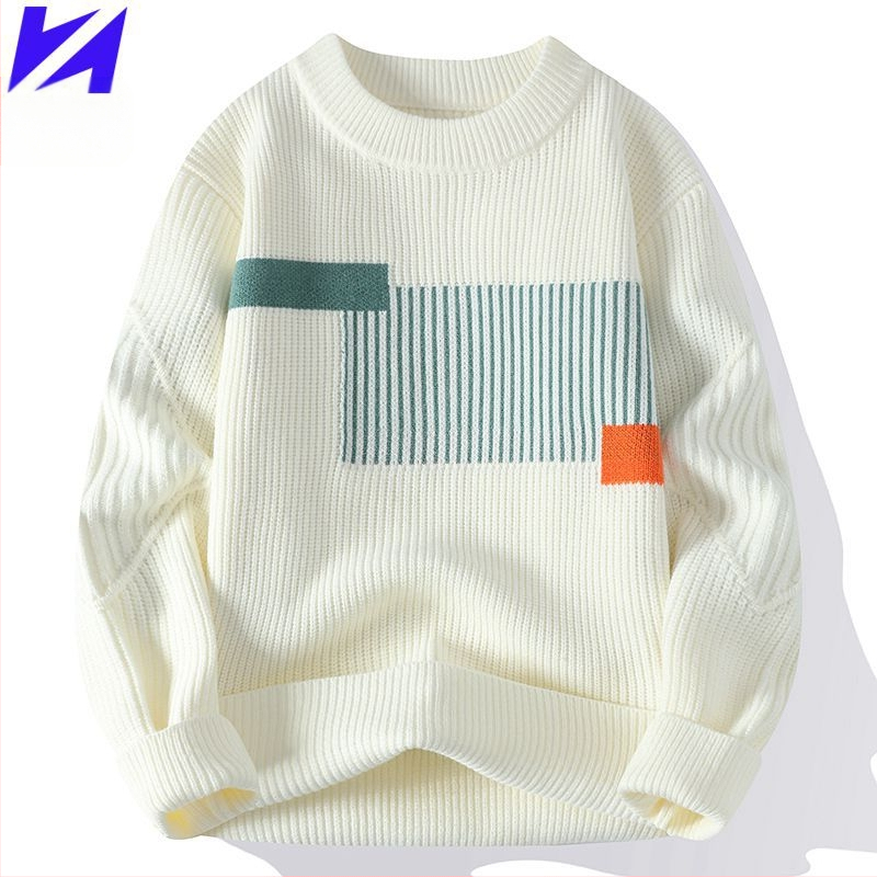 Japán stílusú kontrasztos színű férfi pulóver, új, kerek nyakú, férfi divatmárka, hongkongi stílusú, divatos, gyapjúbéléssel ellátott, vastagított férfi pulóver