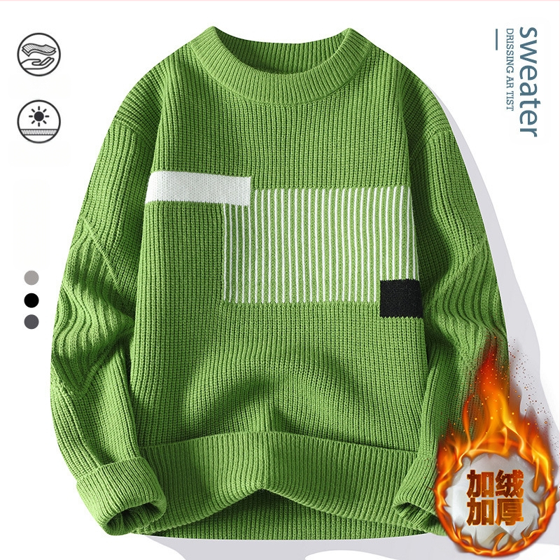 Japán stílusú kontrasztos színű férfi pulóver, új, kerek nyakú, férfi divatmárka, hongkongi stílusú, divatos, gyapjúbéléssel ellátott, vastagított férfi pulóver