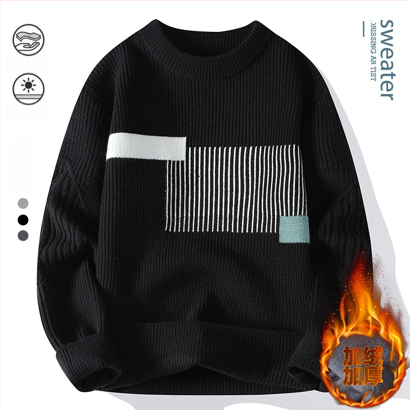 Japán stílusú kontrasztos színű férfi pulóver, új, kerek nyakú, férfi divatmárka, hongkongi stílusú, divatos, gyapjúbéléssel ellátott, vastagított férfi pulóver