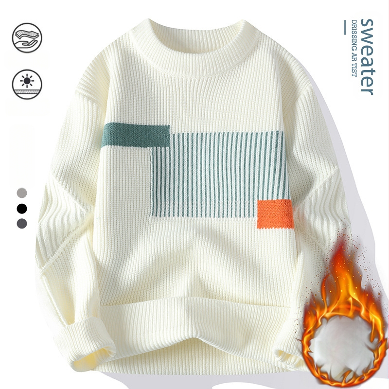 Japán stílusú kontrasztos színű férfi pulóver, új, kerek nyakú, férfi divatmárka, hongkongi stílusú, divatos, gyapjúbéléssel ellátott, vastagított férfi pulóver