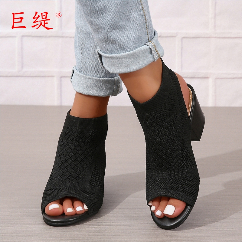 Juhiti Spot Νέα Ευρωπαϊκή και Αμερικανική Μόδα Μεγάλα Πλεκτά Γυναικεία Σανδάλια με Χοντρό Τακούνι Export Γυναικεία Σανδάλια με Ψηλοτάκουνα Slip-On