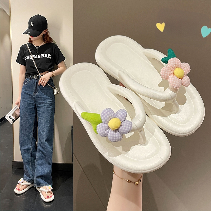 Papuci de plajă cu flori drăguțe, papuci de vară pentru femei, papuci groși de plajă, stil Instagram, la modă, antiderapanți, cu clips, drăguț, model floral, model de vară