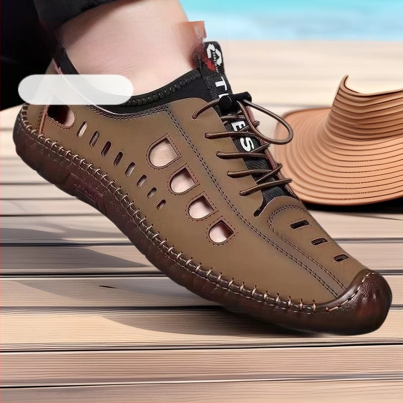 Férfi csúszásgátló, alacsony szárú, puha talpú szandálok, férfi szabadtéri, alkalmi barlangcipők, nyári üreges strandcipők, szandálok marhaínakkal
