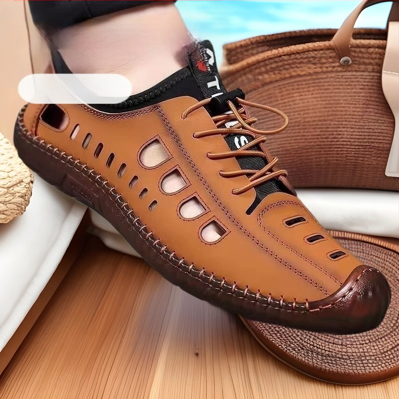 Férfi csúszásgátló, alacsony szárú, puha talpú szandálok, férfi szabadtéri, alkalmi barlangcipők, nyári üreges strandcipők, szandálok marhaínakkal