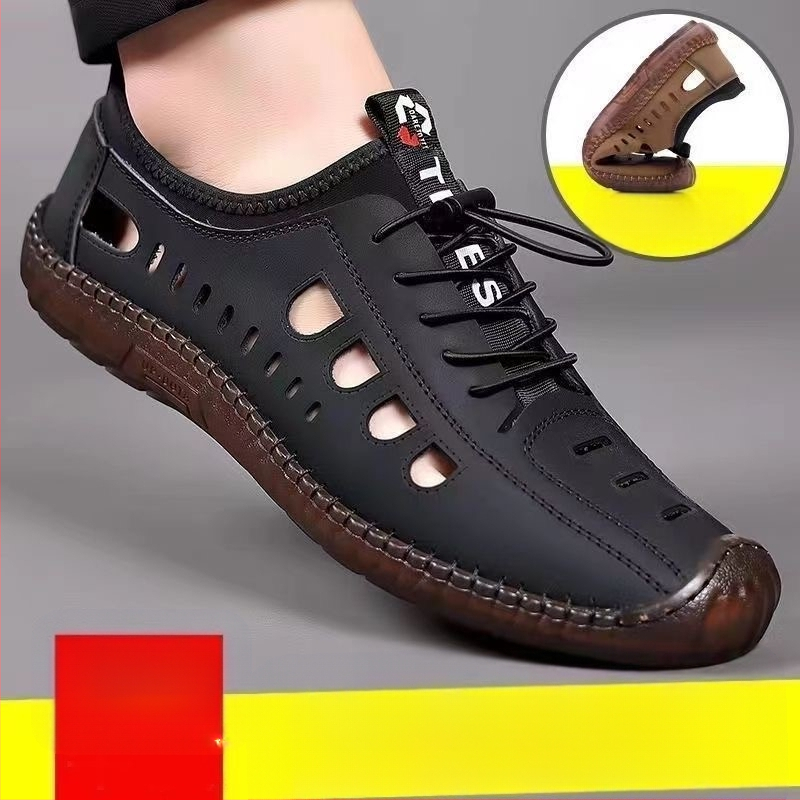 Férfi csúszásgátló, alacsony szárú, puha talpú szandálok, férfi szabadtéri, alkalmi barlangcipők, nyári üreges strandcipők, szandálok marhaínakkal