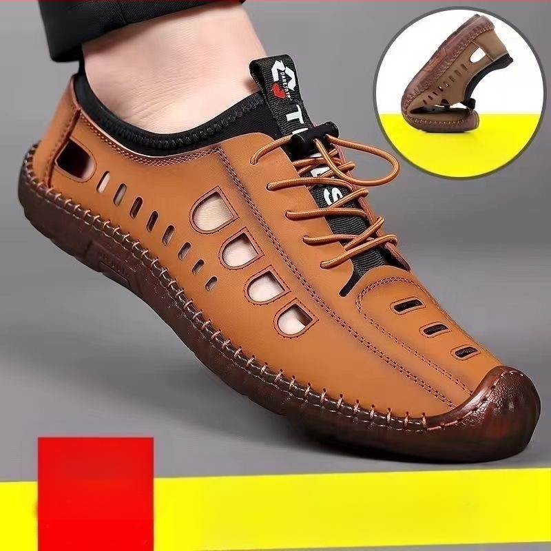 Férfi csúszásgátló, alacsony szárú, puha talpú szandálok, férfi szabadtéri, alkalmi barlangcipők, nyári üreges strandcipők, szandálok marhaínakkal