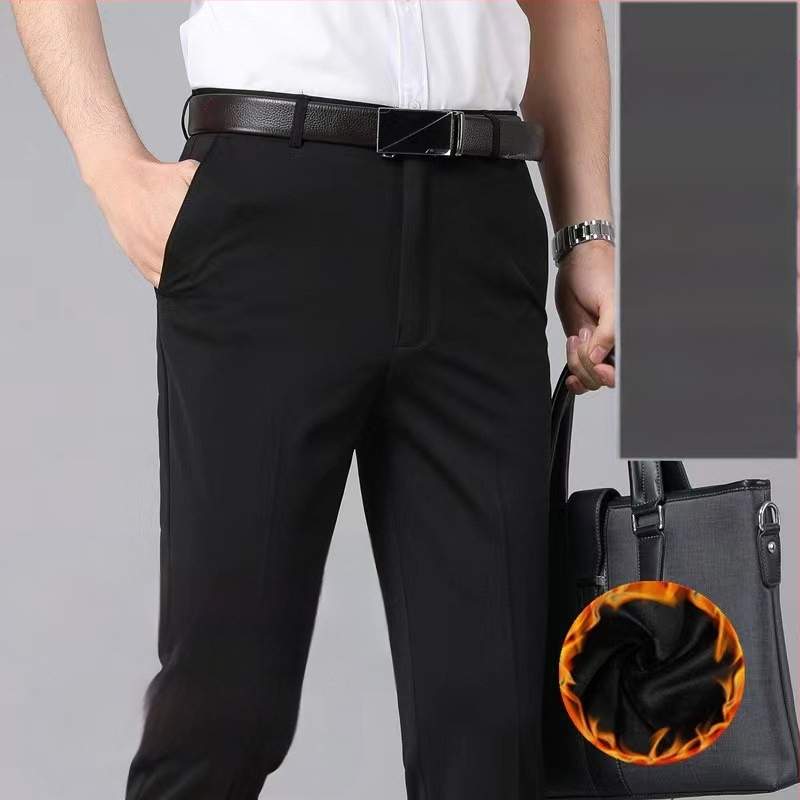 Pantaloni de afaceri cu căptușeală din fleece pentru toamnă și iarnă, pantaloni casual pentru bărbați, de vârstă mijlocie și vârstnici, lejeri, drepți, de primăvară și de toamnă, pantaloni lungi elastici pentru bărbați