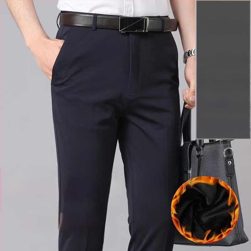 Pantaloni de afaceri cu căptușeală din fleece pentru toamnă și iarnă, pantaloni casual pentru bărbați, de vârstă mijlocie și vârstnici, lejeri, drepți, de primăvară și de toamnă, pantaloni lungi elastici pentru bărbați