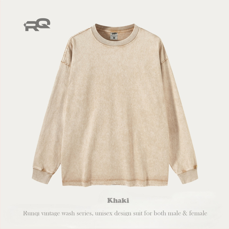 Tricou bărbătesc cu mânecă lungă, 280 g, bumbac pur, spălat, stil vintage pentru bărbați și femei, marcă la modă, croială lejeră pentru adolescenți, bumbac pur, exclusiv pentru vânzări transfrontaliere