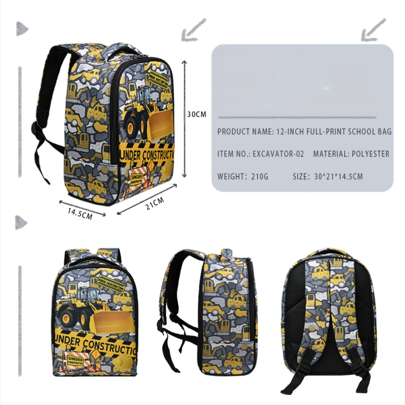 2025. gada pārrobežu ekskavatora bērnudārza mugursoma, poliestera svara samazināšanas inženiertehniskā transportlīdzekļa skolas soma, pilnībā apdrukāta divdaļīga mugursoma