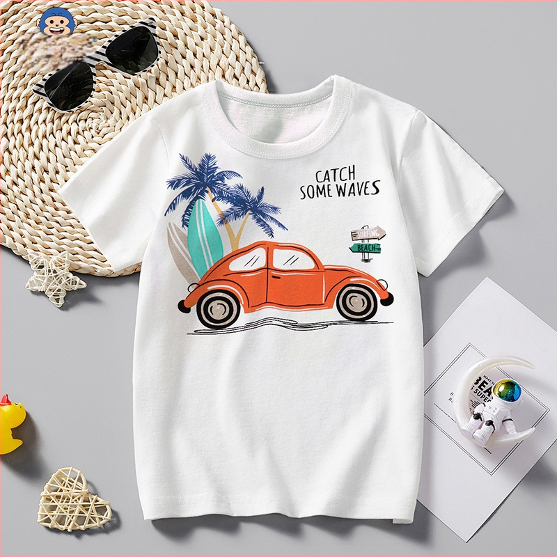 Gyerekruházat 2025 Nyári Ruházat Fiú Fehér Rövid Ujjú Fiú Trendi Gyerek Póló Rajzfilm Autó Mintás Nyári Félujjú