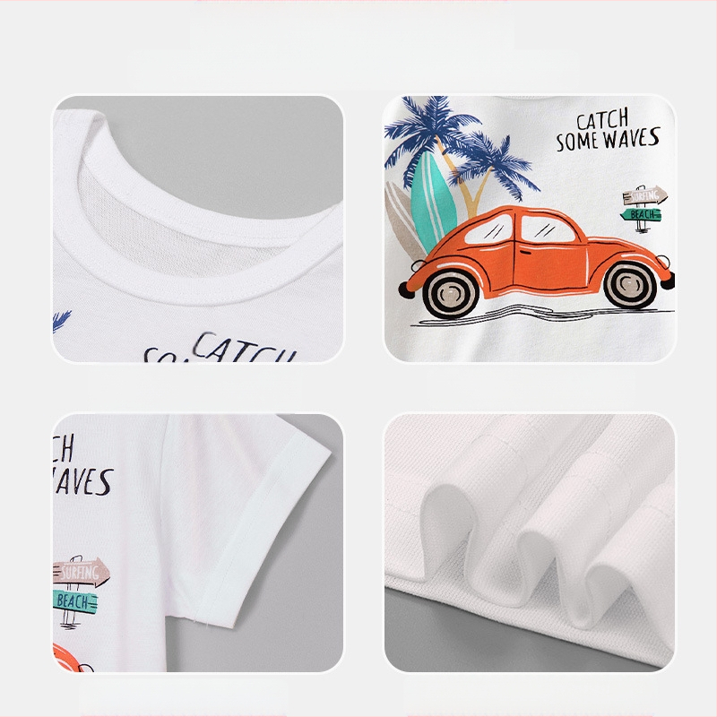 Gyerekruházat 2025 Nyári Ruházat Fiú Fehér Rövid Ujjú Fiú Trendi Gyerek Póló Rajzfilm Autó Mintás Nyári Félujjú