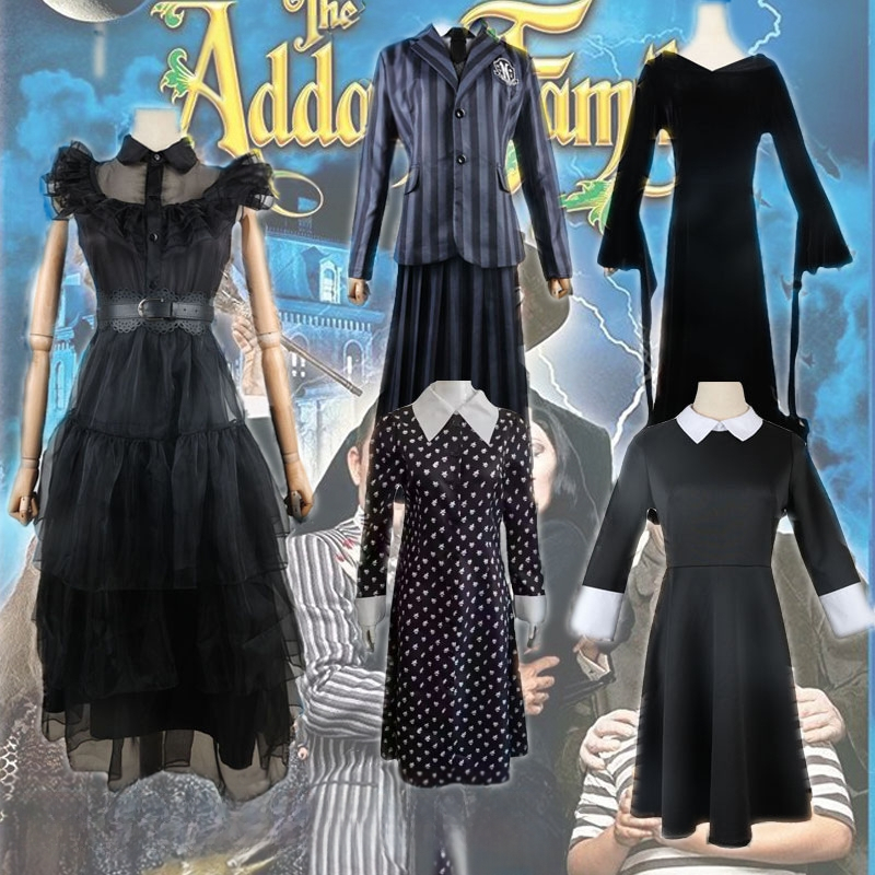 Spot Addams Family Cos rõivad kolmapäevaks must kleit Cosplay Halloweeni koolivormiriietus kostüüm