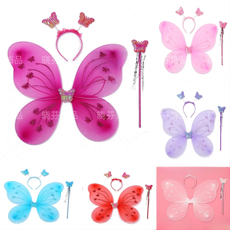 Naujas „Wings Butterfly“ vaikų nugaros dekoracija, stebuklinga lazdelė, galvos apdangalas, gėlė, fėja, žaislas, vaikams, trijų dalių rinkinys, gamyklos didmeninė prekyba