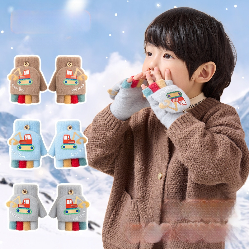 Sügis-talvised poolsõrmega ülespööratavad sõrmedeta kootud lasteaiapoiste paksendatud ja soojad talvised multifilmidest villased lastekindad