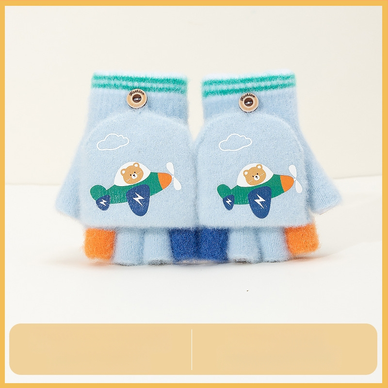 Sügis-talvised poolsõrmega ülespööratavad sõrmedeta kootud lasteaiapoiste paksendatud ja soojad talvised multifilmidest villased lastekindad