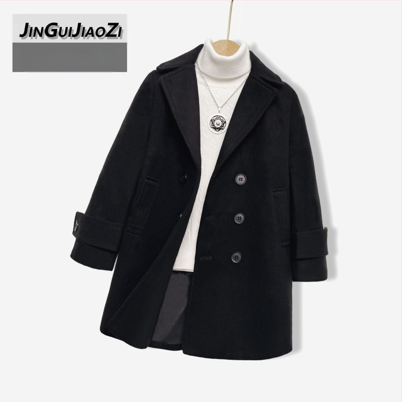 Palton de lână pentru băieți, din bumbac și îngroșare, palton de lână de toamnă și de iarnă, palton cald de lână cu rever în stil coreean pentru copii