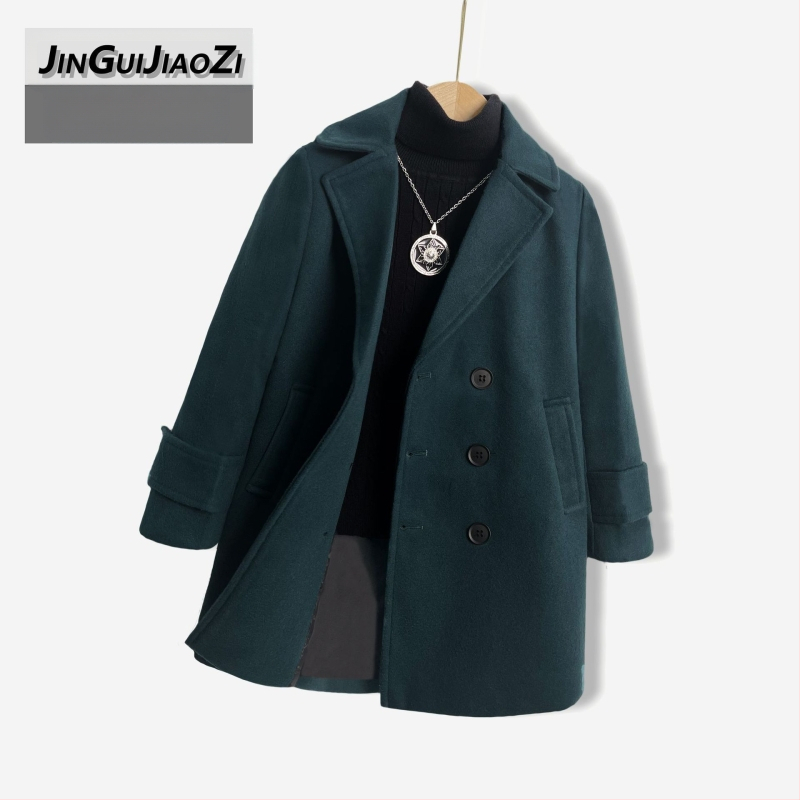 Palton de lână pentru băieți, din bumbac și îngroșare, palton de lână de toamnă și de iarnă, palton cald de lână cu rever în stil coreean pentru copii