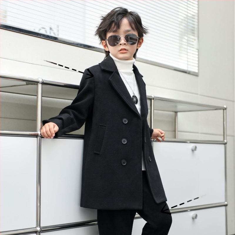 Palton de lână pentru băieți, din bumbac și îngroșare, palton de lână de toamnă și de iarnă, palton cald de lână cu rever în stil coreean pentru copii